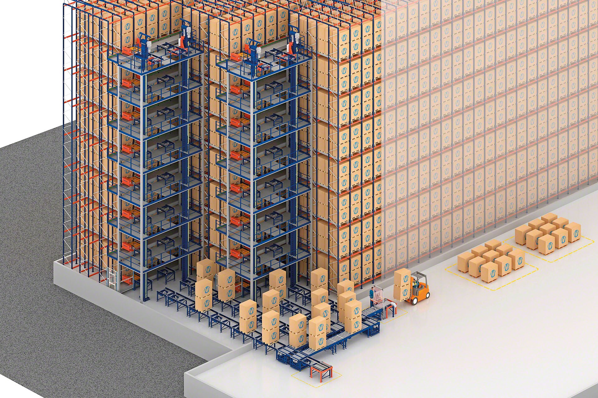 İşlemleri, bir istifleyici vince ihtiyaç olmadan otomatikleştirmek için genellikle otomatik palet asansörleri kurulur